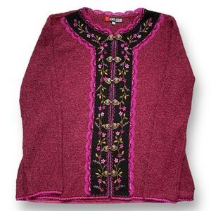 Alpaca Fashion Embroidered Cardigan Sweater Bright Pink Dark Floral Pattern Knit